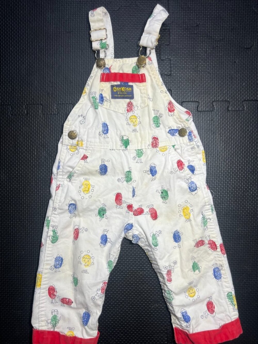 Vintage 80's OshKosh B'Gosh Thumbprint Character Vestbak Short Overalls Sz 18MO